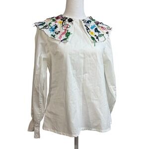 RARE $495 Mii Collection Embroidered Collar White Long Sleeve Blouse Women's Top